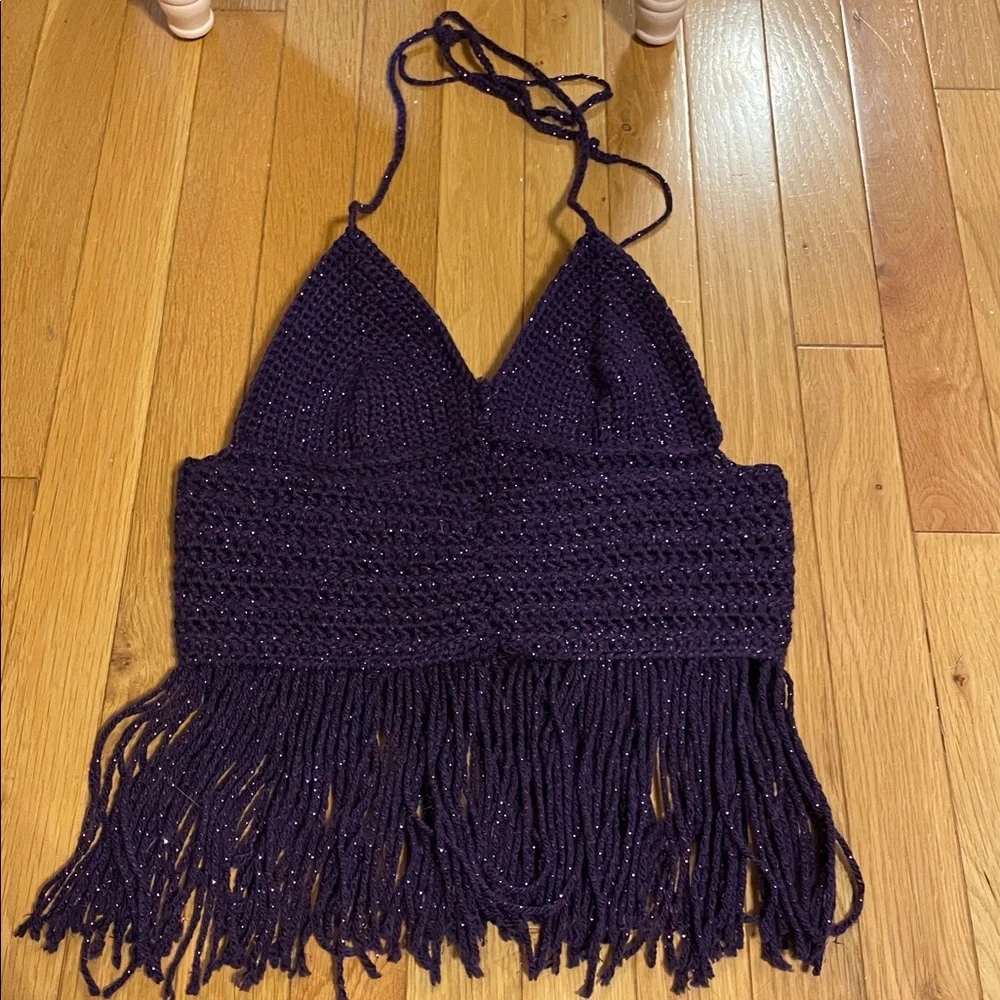 Handmade sparkly purple crochet fringe halter top - Picture 4 of 4